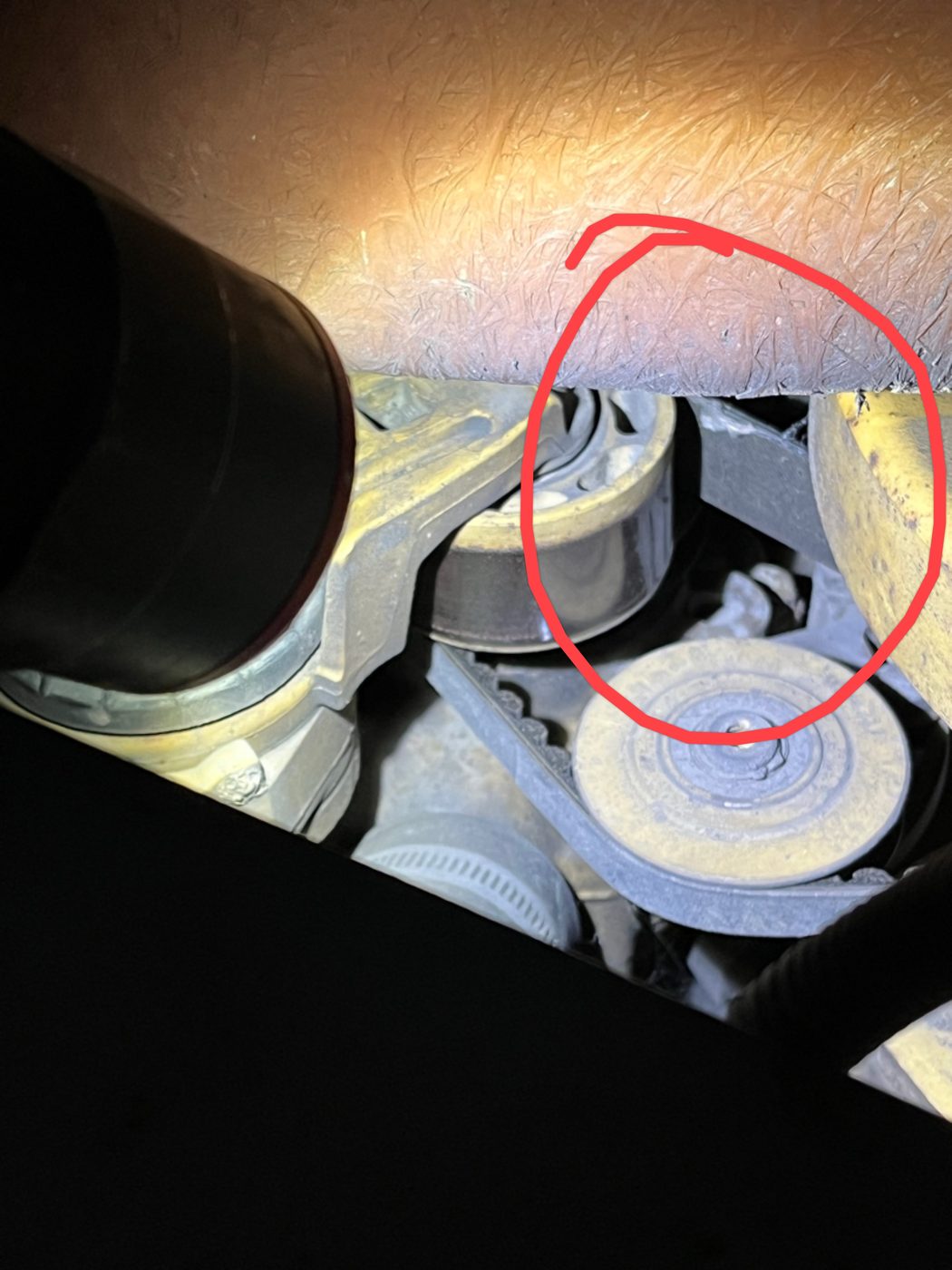 Failed pulley circled during diagnosis